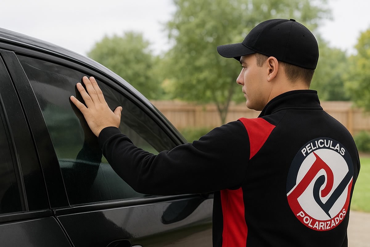 hombre instalando una lámina de seguridad en ventana de un auto