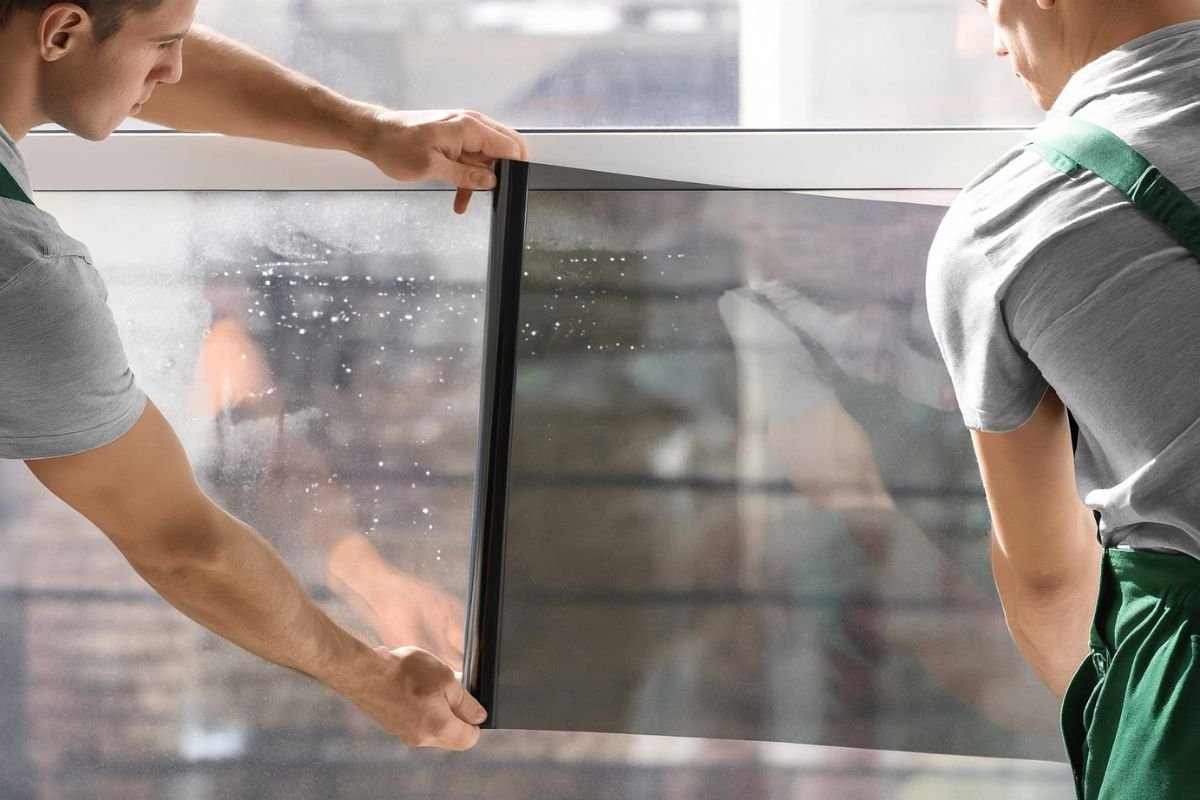 Instaladores colocando lámina de seguridad en ventana de vidrio en un hogar en Ecuador