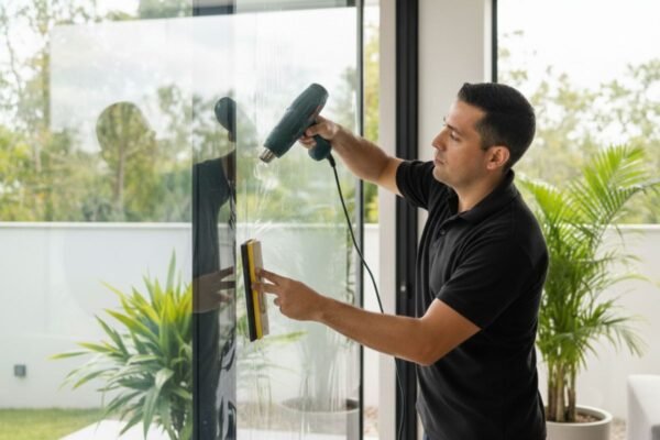 Aplicación de película de seguridad ideal para privacidad en espacios interiores.