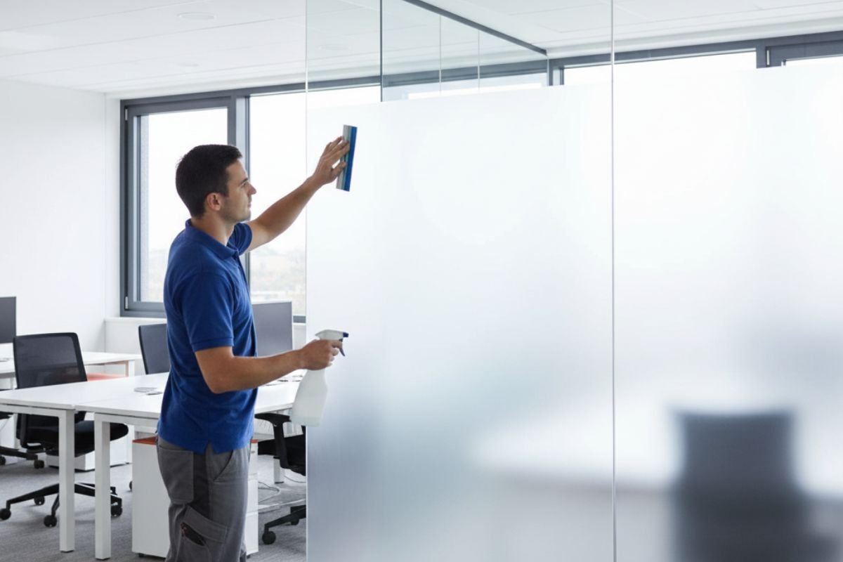 Lámina decorativa tipo empavonado instalada en oficina en Ecuador para privacidad y diseño interior