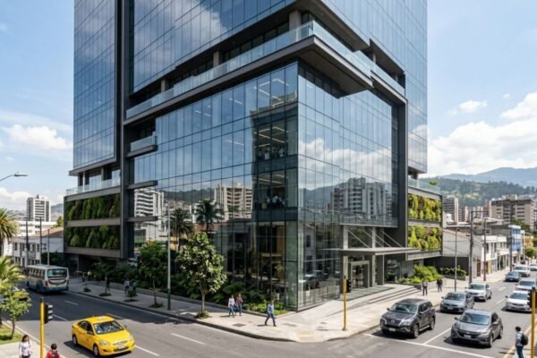 Película de control solar instalada en fachada de vidrio de edificio en Ecuador